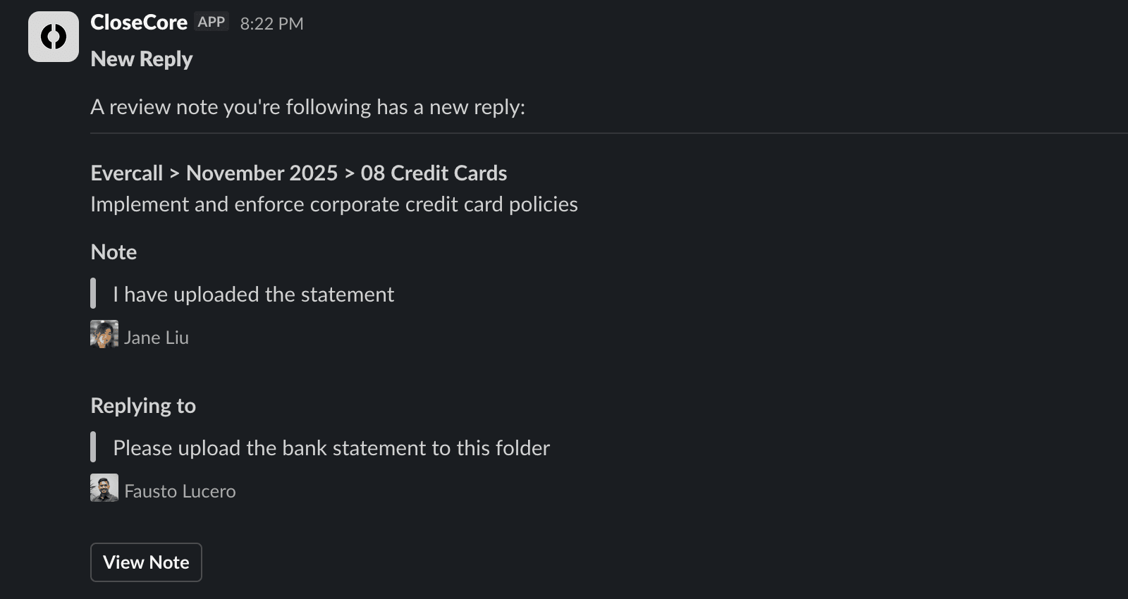 A CloseCore Slack review note reply notification with the original note context