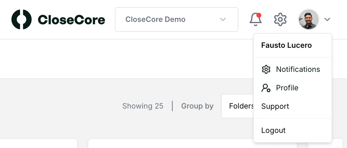 Open the CloseCore Notifications page