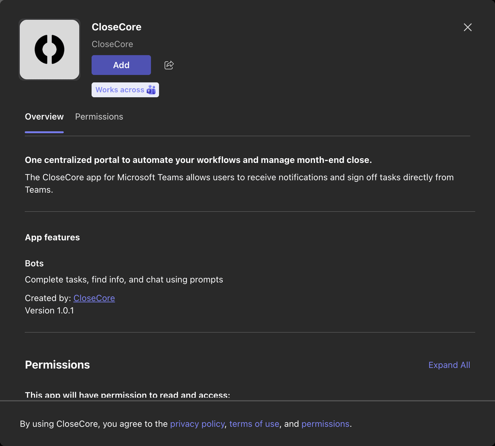CloseCore app detail page in Teams with the Add button
