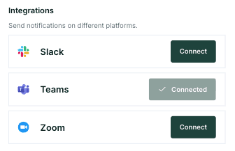 CloseCore Notifications page showing Teams as Connected