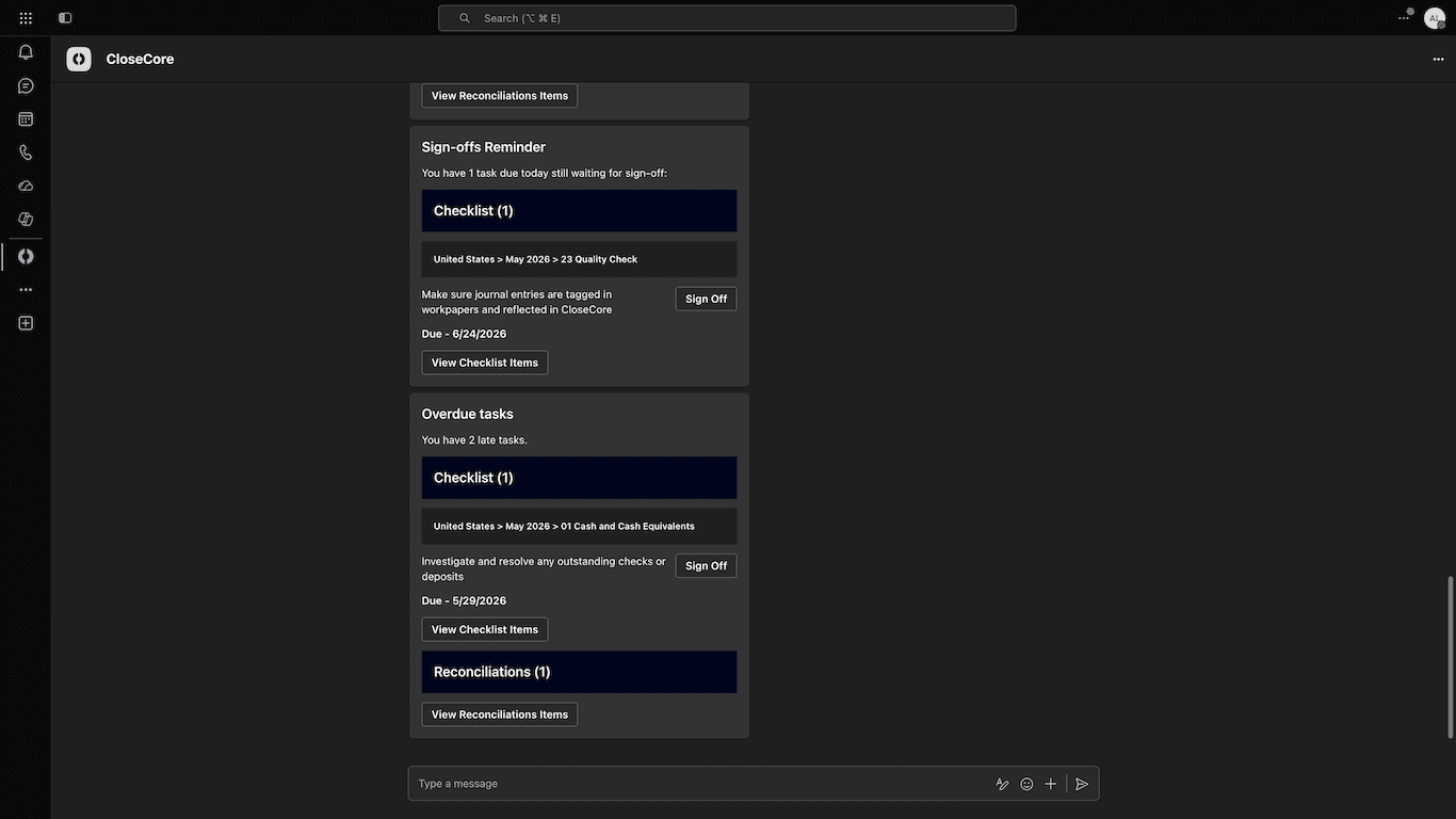 A CloseCore Teams digest showing overdue tasks and sign-off reminders