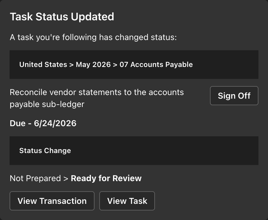 A CloseCore Teams status-change notification with a Sign Off action